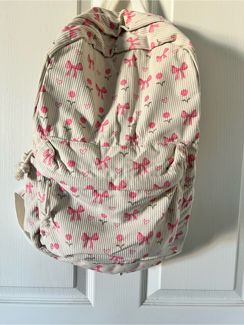 Cream Corduroy Backpack with Pink Bow & Floral Accents - Women